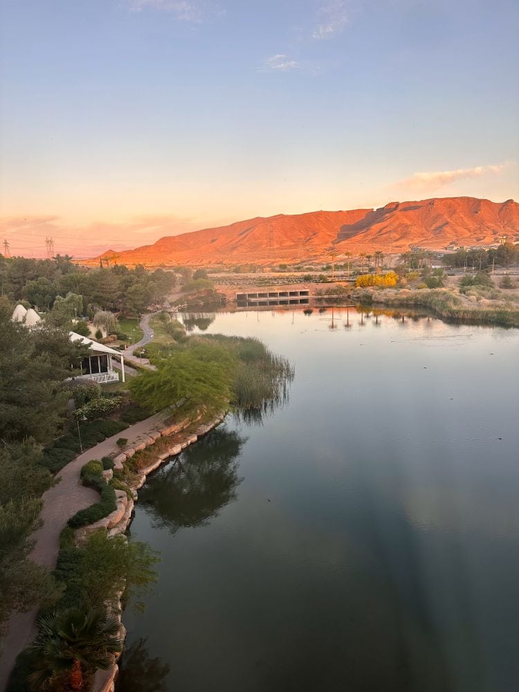 View over the Lake from a guest room at Hilton Lake Las Vegas, one of the best hotels in Las Vegas off the Strip.