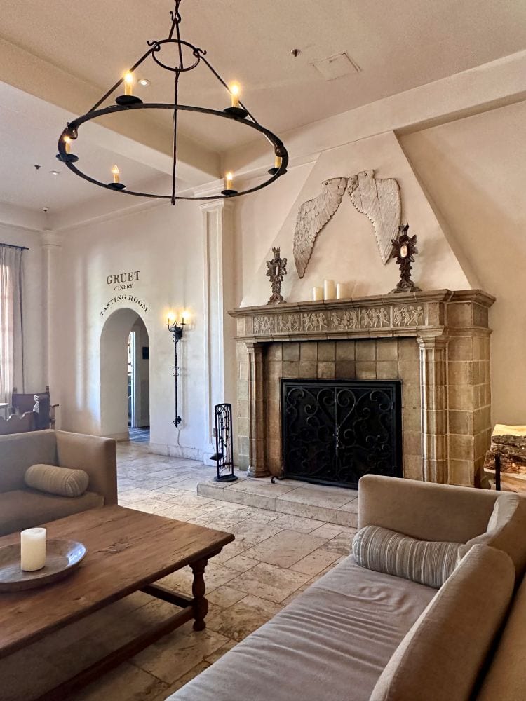The lobby and the fireplace, the oldest surviving piece of the original hotel at Hotel St. Francis, the oldest hotel in Santa Fe.