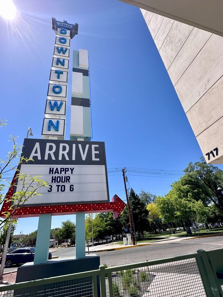The retro sign of the Arrive Albuquerque, a new hotel in Albuquerque.