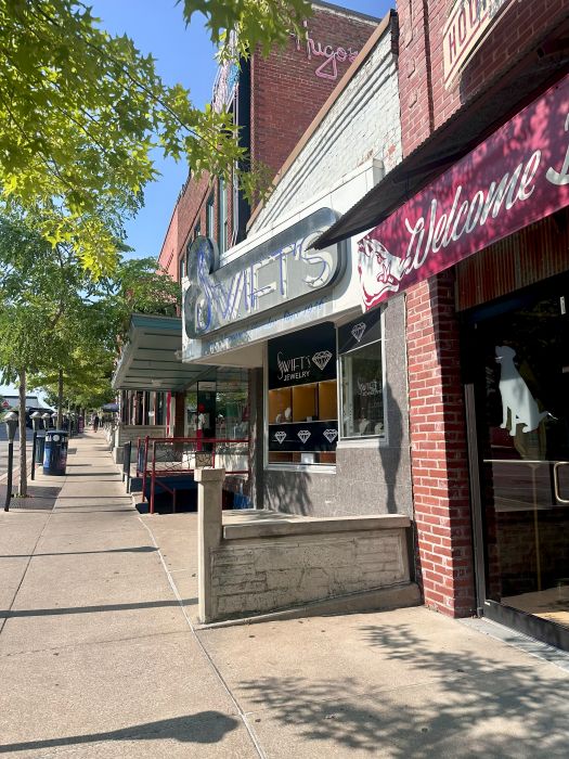 A view of a couple of shops on Block Avenue in downtown Fayetteville, Arkansas