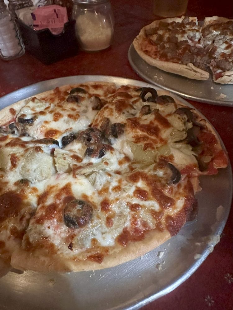 A pizza at Tiny Tim's Pizza in downtown Fayetteville, Arkansas.
