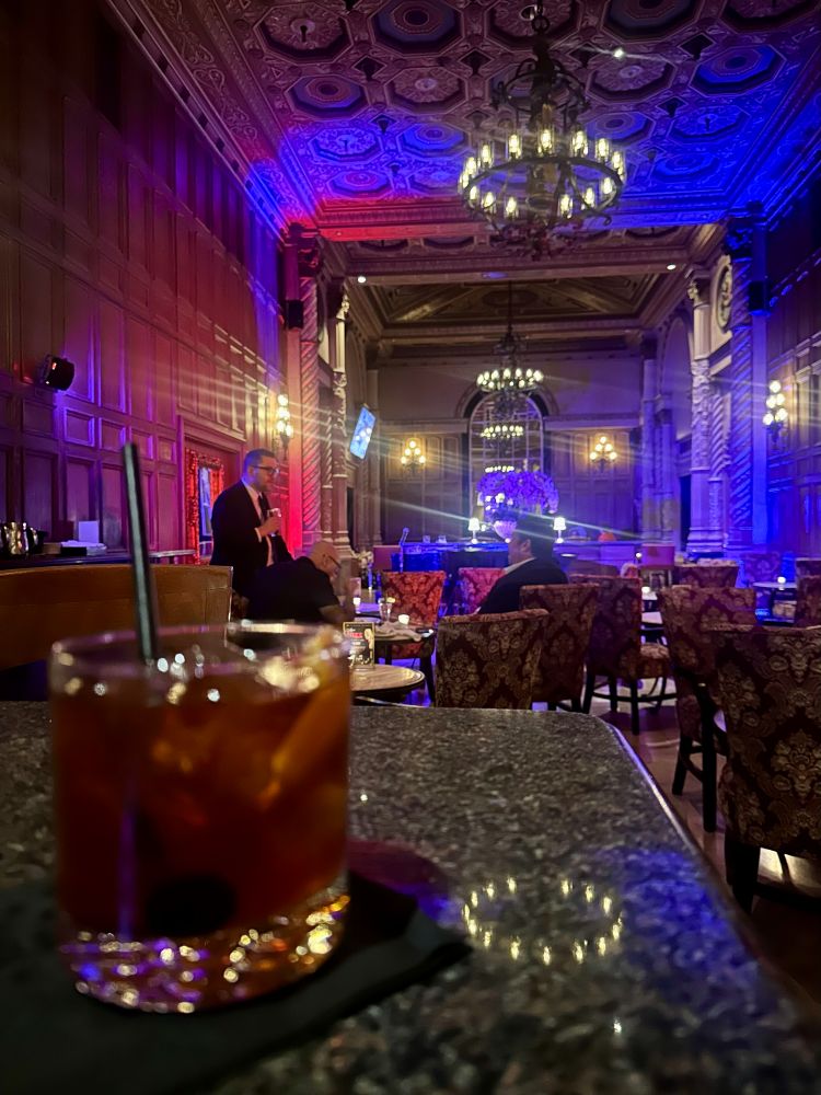 An old fashioned in the ornate Gallery Bar at the Biltmore, a haunted LA hotel.