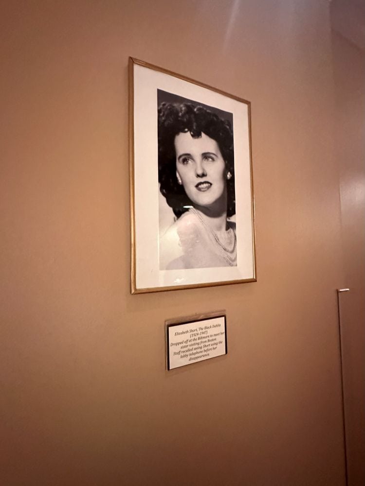 A framed photo of the Black Dahlia who was last seen here at the Biltmore, a haunted LA hotel.