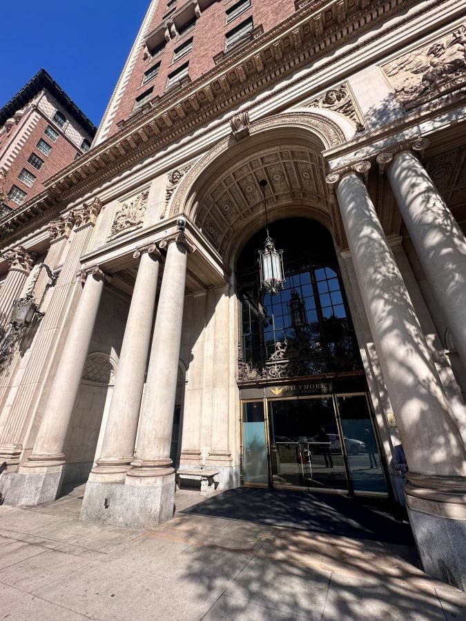 The exterior of the Biltmore with pillars and ornate design, a haunted LA hotel.