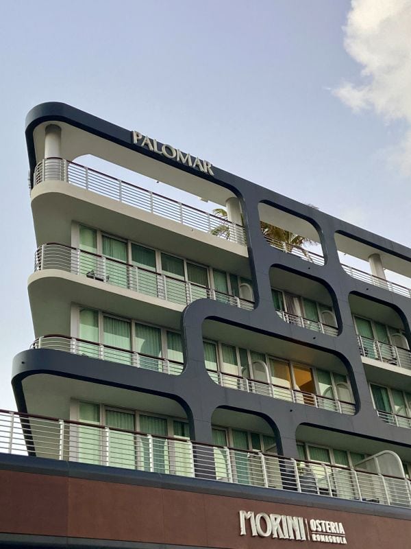 exterior of Kimpton Palomar Hotel in Miami Beach, Florida, with its unique shape.