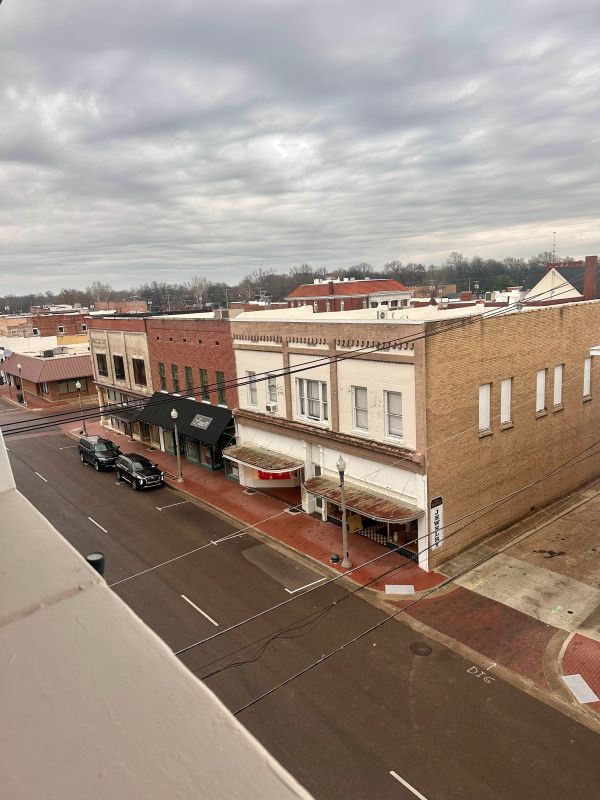 A view of old town Greenwood, Mississippi from a guest room at The Alluvian Hotel on my Mississippi road trip.