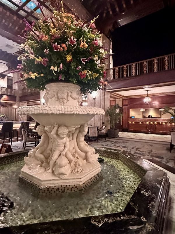 The fountain in the lobby where the ducks hang out during the day at The Peabody Hotel in Memphis TN