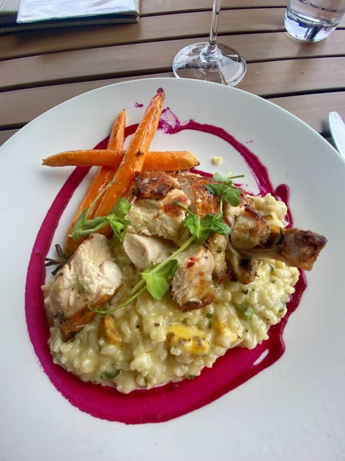 Dinner at Provision on the second floor patio off of the lobby at the Ironworks Hotel, an industrial style hotel in Indianapolis.