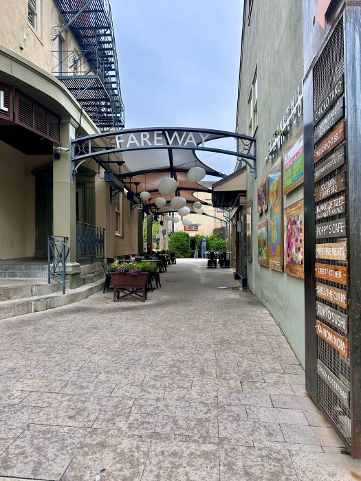 The entrance to the Market at the Fareway between the buildings at the Chestnut Hill Hotel Philadelphia.