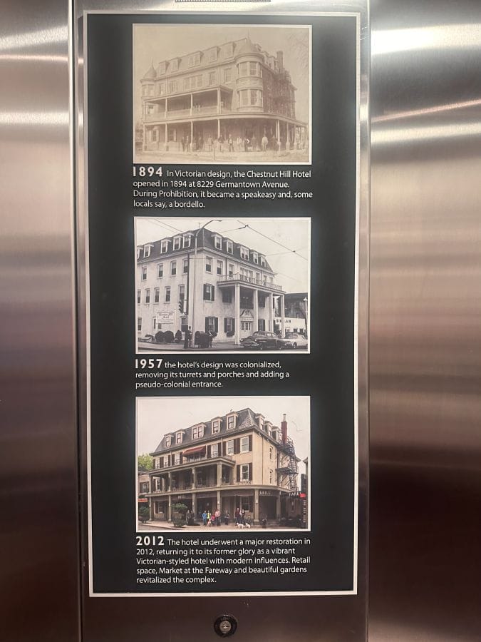 A photo display showing the change in the building over the years from victorian to colonial at the Chestnut Hill Hotel Philadelphia.