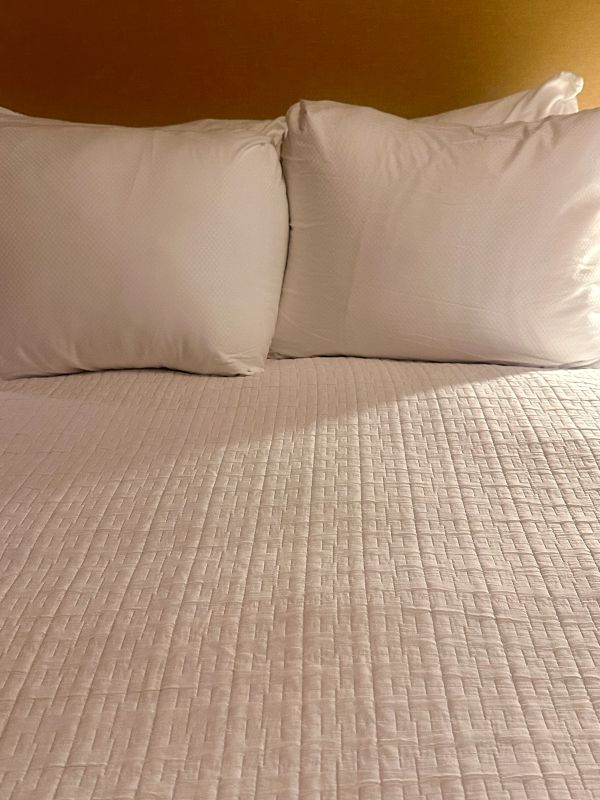 The white bedspread and pillows on a guest bed at the Chestnut Hill Hotel Philadelphia.