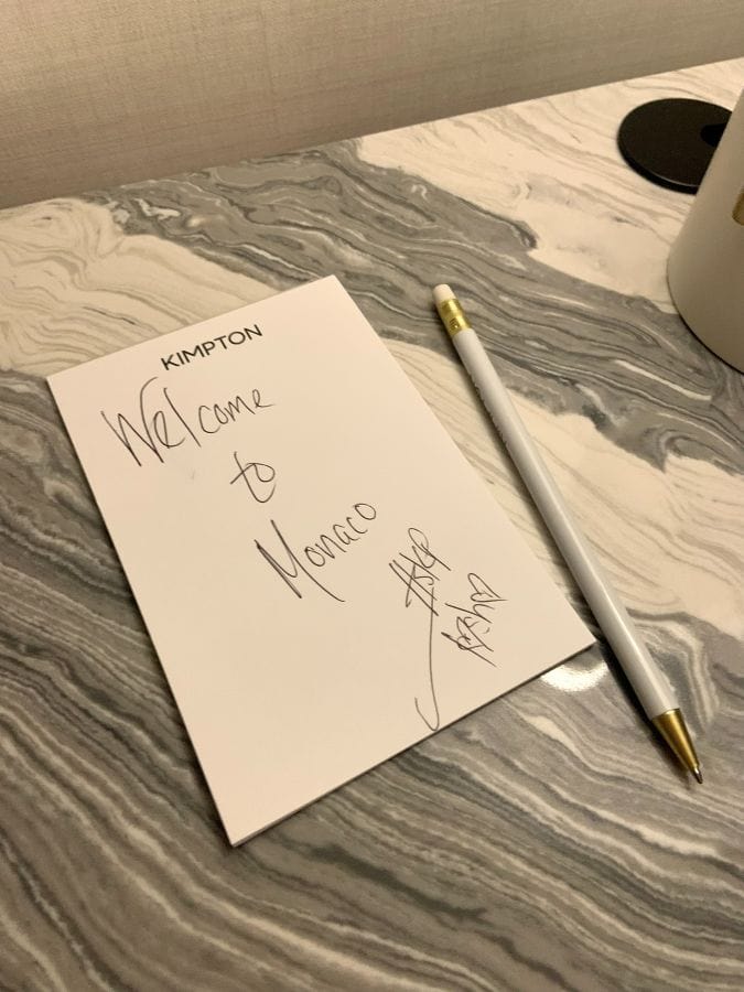 A hand written welcome note in a guest room at the Kimpton Monaco, a hotel near Independence Hall.