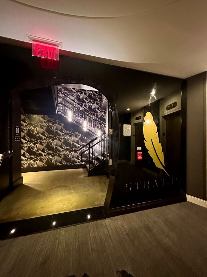 The entrance to Stratus Lounge, the rooftop bar at Kimpton Monaco, a hotel near Independence Hall.