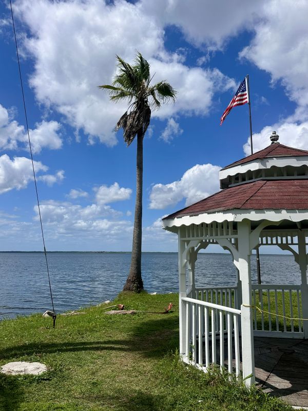 A gazebo and palm tree at the end of the grassy lawn at with the lake at Lazy Gator Bar.
