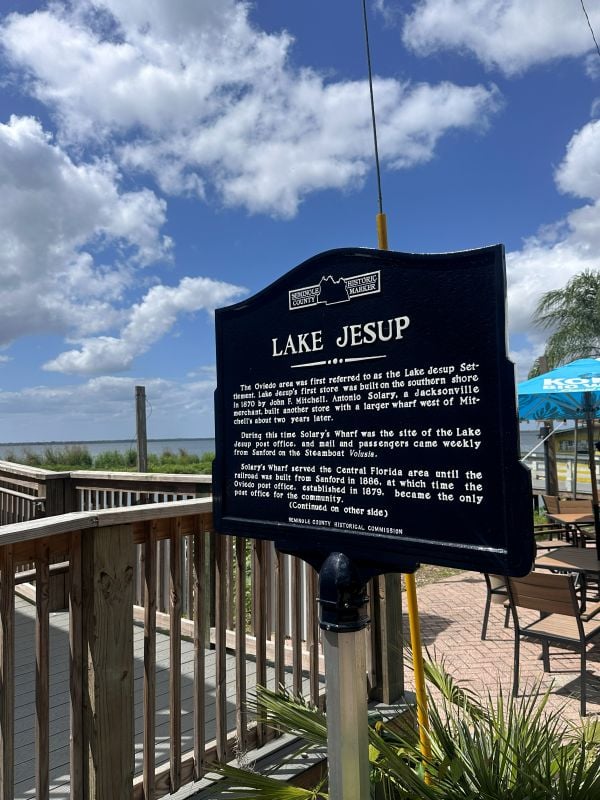 A sign about Lake Jesup at the Lazy Gator Bar.