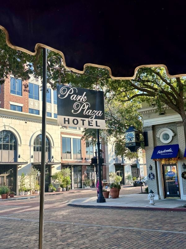 Looking out to the brick street of Winter Park from under the bluw awning of the Park Plaza Hotel with the sign hanging from the awning, a Winter Park Florida Hotel.