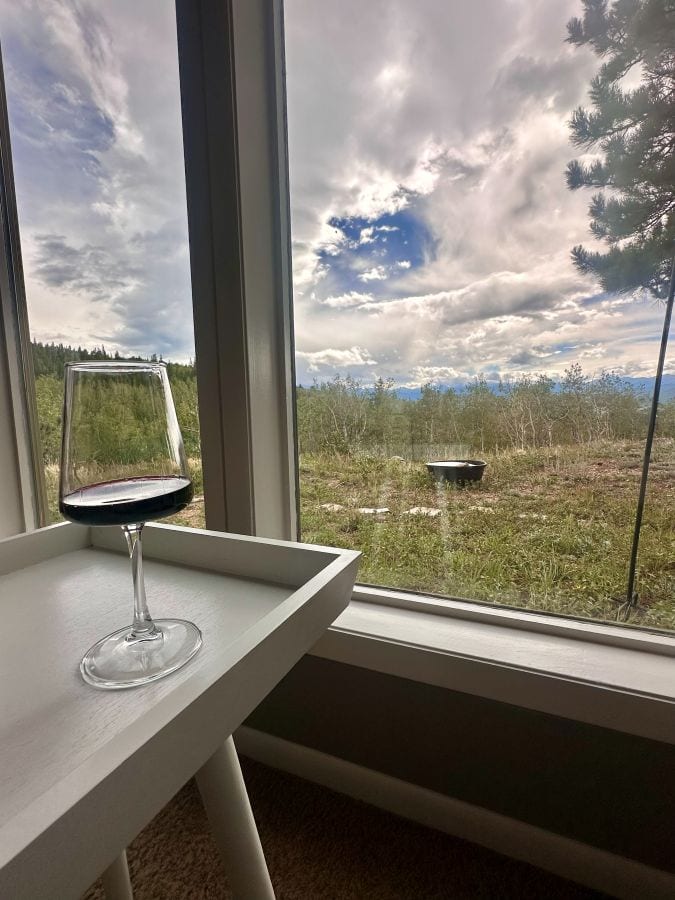 A glass of red wine on a table in front of large windows looking out to the trees and the mountain range on my Colorado mountain retreat.