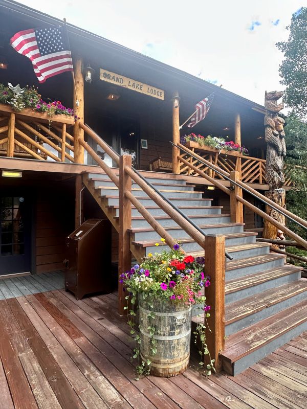 The steps to the front door of the wood lodge, Grand Lake Lodge in Grand Lake on my Colorado mountain retreat.