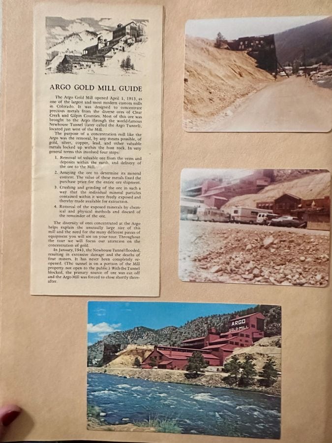 A brochure, postcard and photos of the Argo Gold Mine in Idaho Springs in the trip scrapebook from 1981.