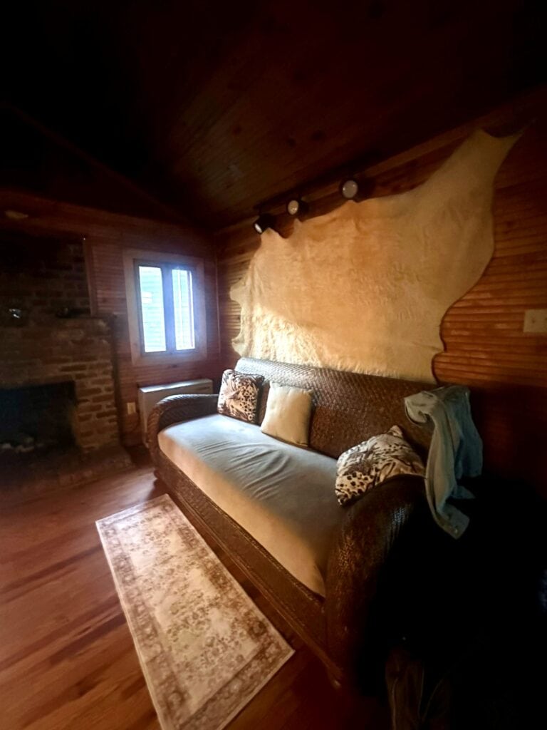 The living room at the Firefly cabing with a couch and a cow hide rug on the wall behind it at the Brown Mountain Beach Resort.