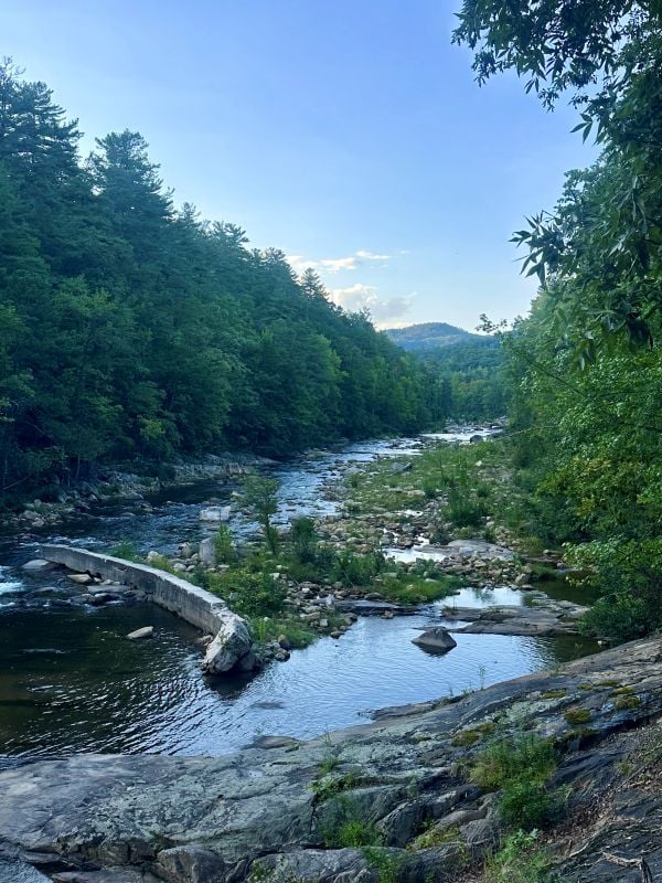 The creek running through the forest and Blue Ridge Mountains at Brown Mountain Beach Resort in North Carolina.