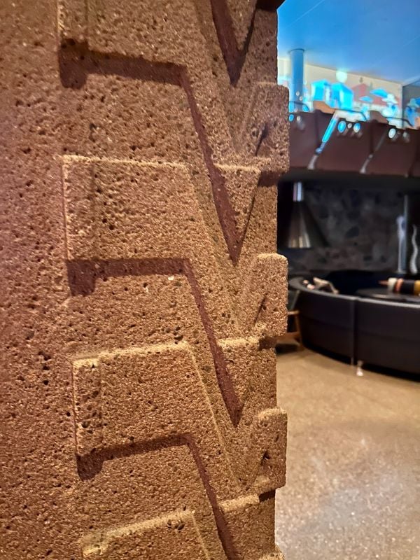 Close-up of a textured brick wall with geometric patterns at Hotel Valley Ho in Scottsdale, Arizona.