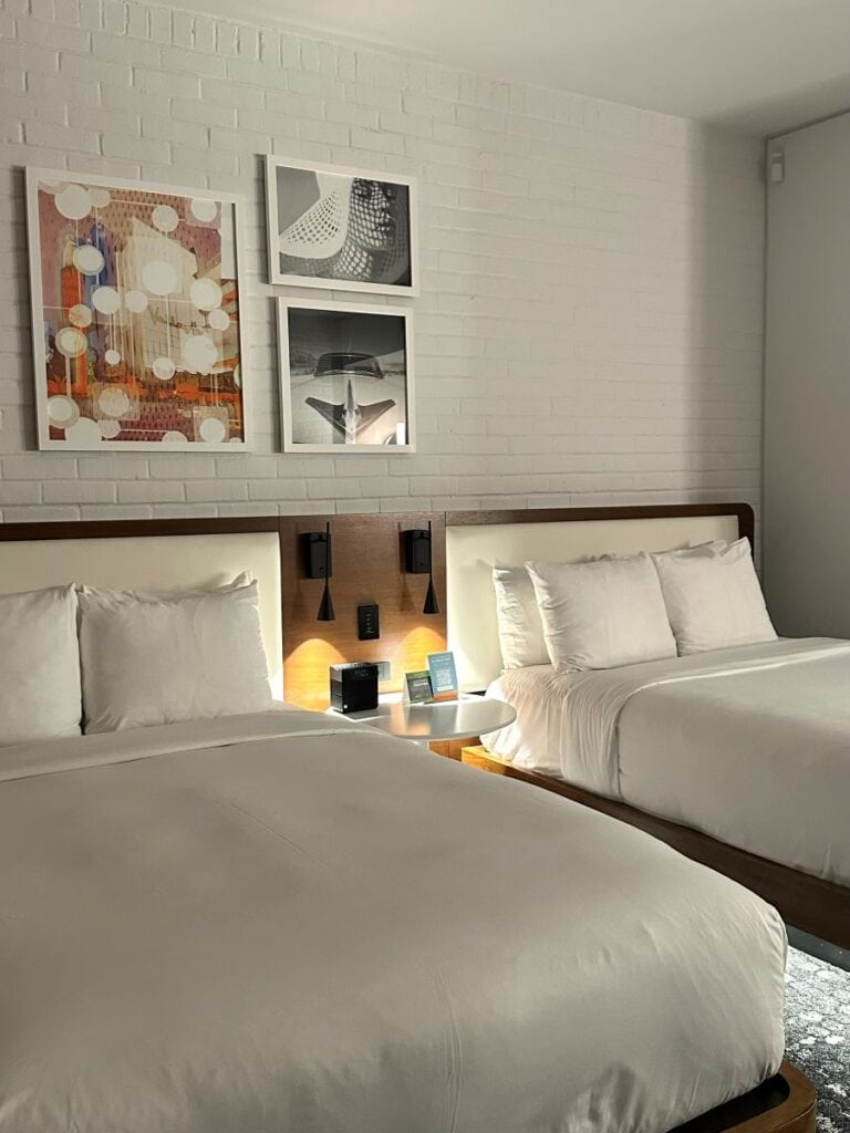 Contemporary hotel room with two beds and modern decor at Hotel Valley Ho in Scottsdale, Arizona.