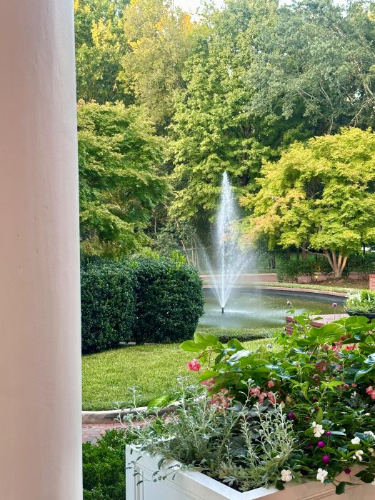 A view of the large fountain in the from the porch of the Duke Mansion, one of the historic hotels in Charlotte.