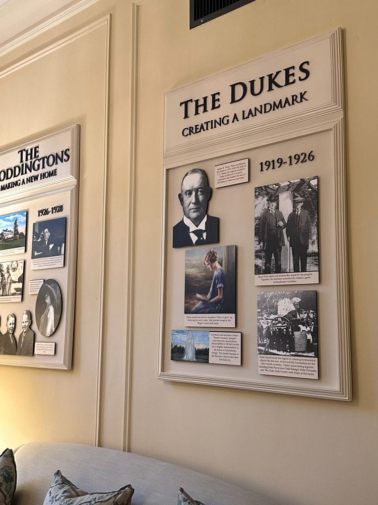 The history wall with a info on the Duke's time here at the Duke Mansion, one of the historic hotels in Charlotte.