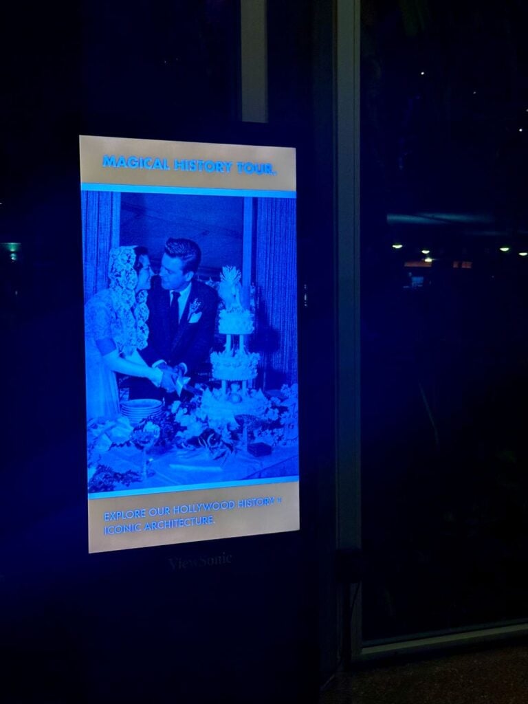 Electronic sign for Magical History Tou with an image of Robert Wagner and Natalie Wood at their wedding here at Hotel Valley Ho in Scottsdale, Arizona.