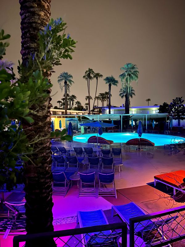 Night view of a pool area with palm trees and colorful lighting at Hotel Valley Ho in Scottsdale, Arizona.